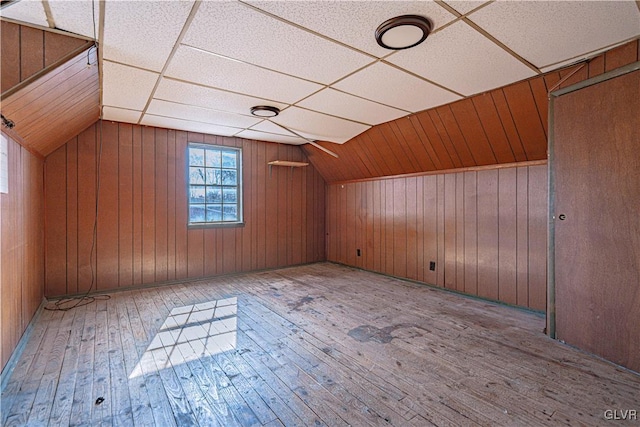 additional living space featuring vaulted ceiling, wooden walls, and wood-type flooring