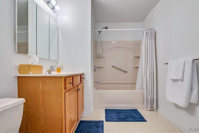 full bathroom featuring vanity, shower / bath combination with curtain, toilet, and tile patterned floors