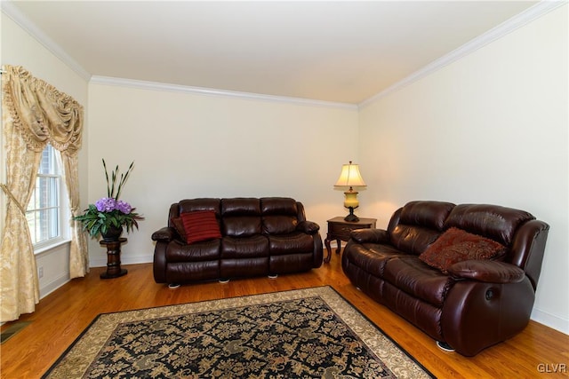 living room featuring crown molding, wood finished floors, and baseboards