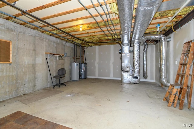 unfinished below grade area featuring water heater and heating unit