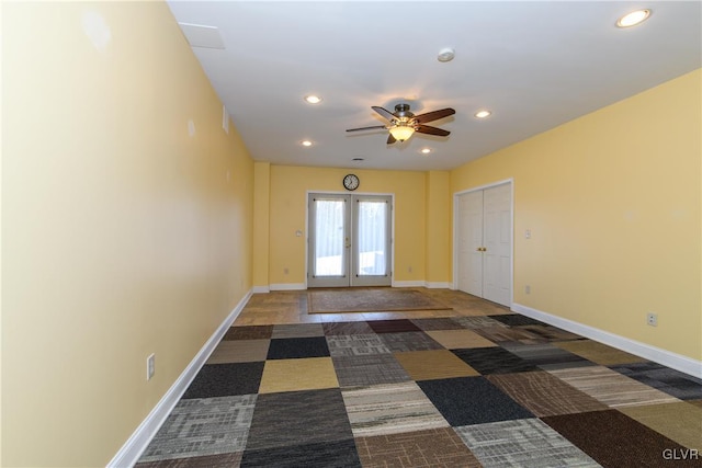 interior space featuring recessed lighting, french doors, baseboards, and a ceiling fan