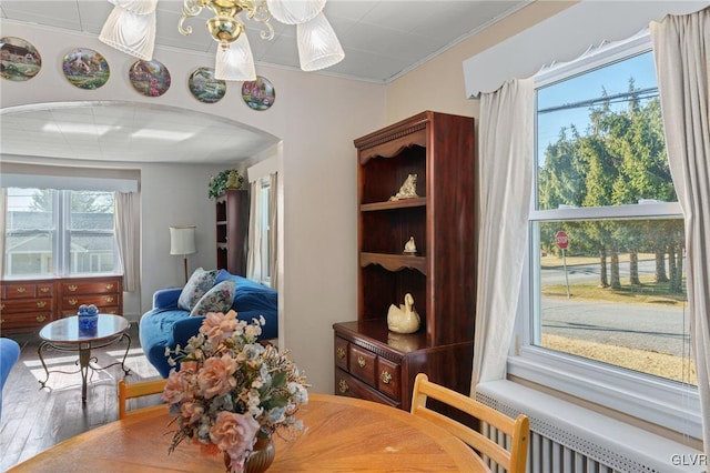 dining space featuring arched walkways, wood-type flooring, radiator heating unit, and ornamental molding