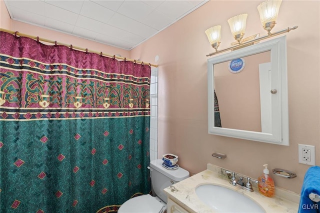 full bathroom with vanity, a shower with shower curtain, and toilet