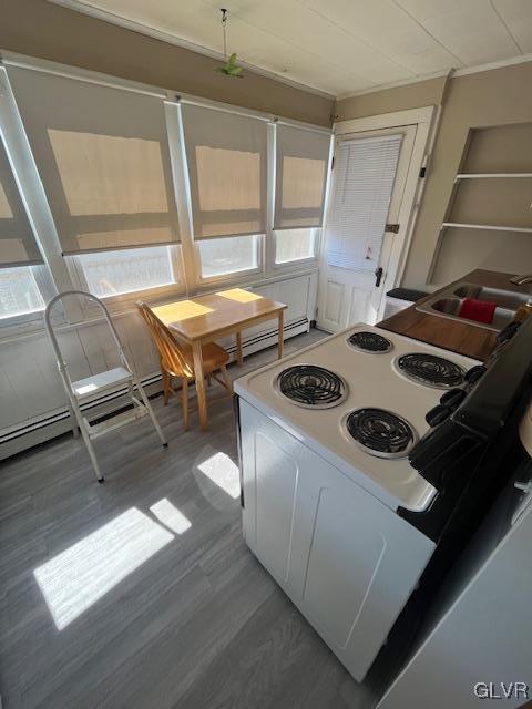 kitchen featuring white electric range, plenty of natural light, and light wood finished floors