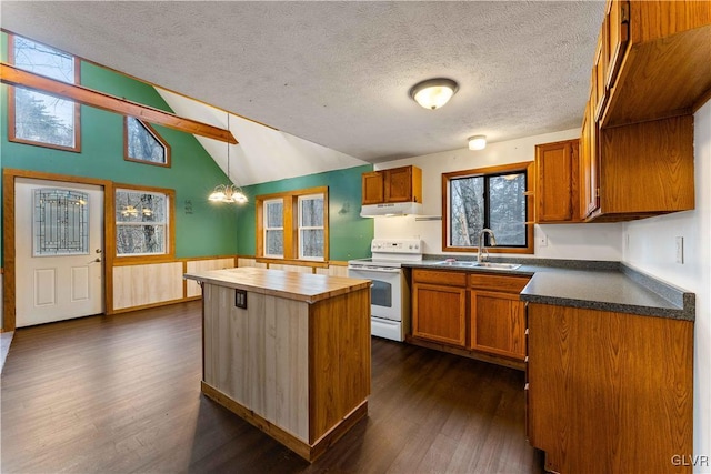 kitchen featuring wooden counters, lofted ceiling with beams, dark wood-style flooring, a sink, and white electric range