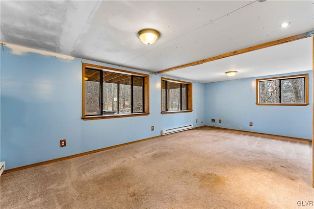 spare room featuring beam ceiling, baseboards, carpet, and a baseboard radiator