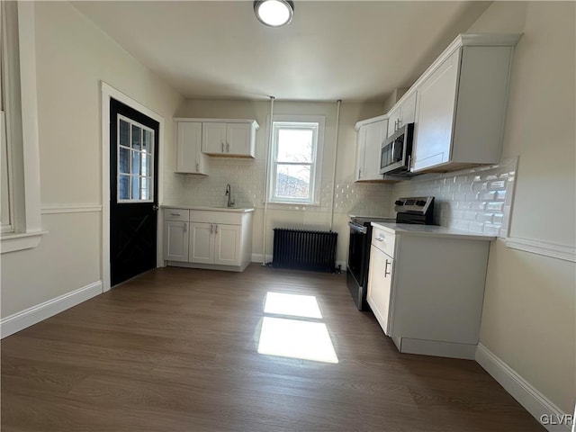 kitchen featuring range with electric cooktop, stainless steel microwave, tasteful backsplash, wood finished floors, and radiator heating unit