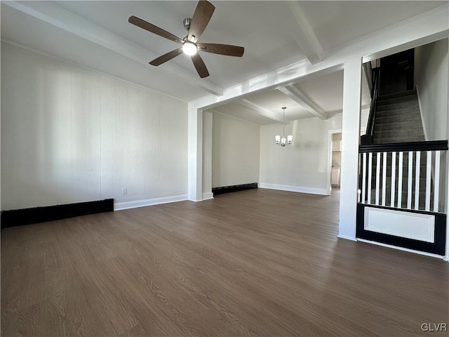 unfurnished room featuring beamed ceiling, stairs, baseboards, and dark wood-style flooring