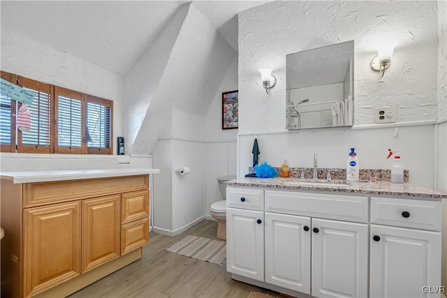 full bath with toilet, a shower with shower curtain, vaulted ceiling, wood finished floors, and vanity