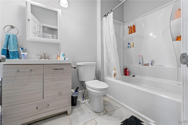 bathroom with vanity, toilet, marble finish floor, and shower / tub combo with curtain