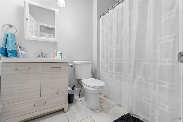 full bathroom with a shower with curtain, toilet, marble finish floor, and vanity