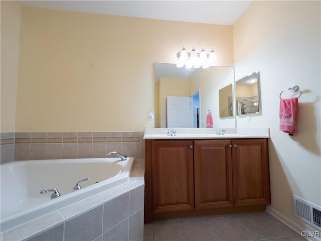 full bath featuring visible vents, double vanity, tile patterned flooring, a shower stall, and a bath