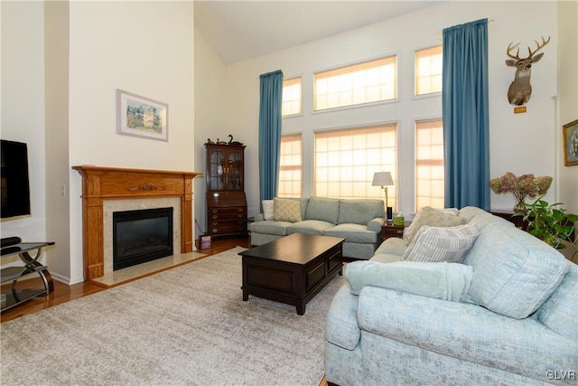 living room with baseboards, high vaulted ceiling, wood finished floors, and a high end fireplace