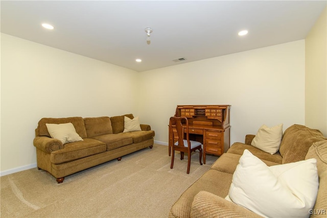 living room featuring recessed lighting, visible vents, and light colored carpet