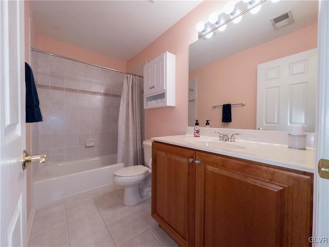 bathroom featuring visible vents, shower / bathtub combination with curtain, toilet, tile patterned flooring, and vanity