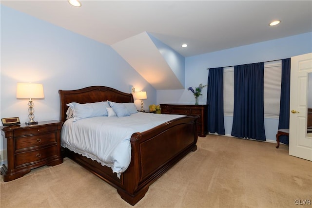 bedroom with recessed lighting and light colored carpet