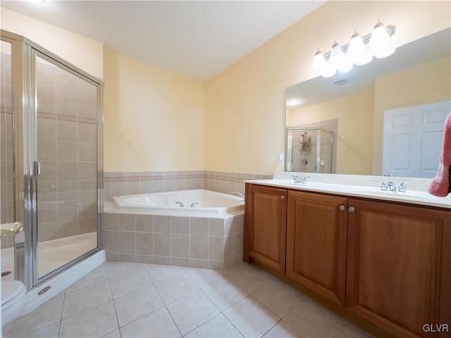 full bath with tile patterned flooring, a shower stall, double vanity, a bath, and a sink