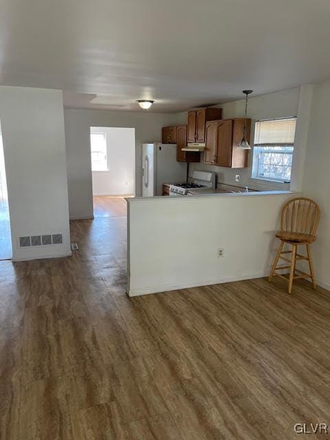 kitchen featuring under cabinet range hood, wood finished floors, freestanding refrigerator, gas stove, and a peninsula