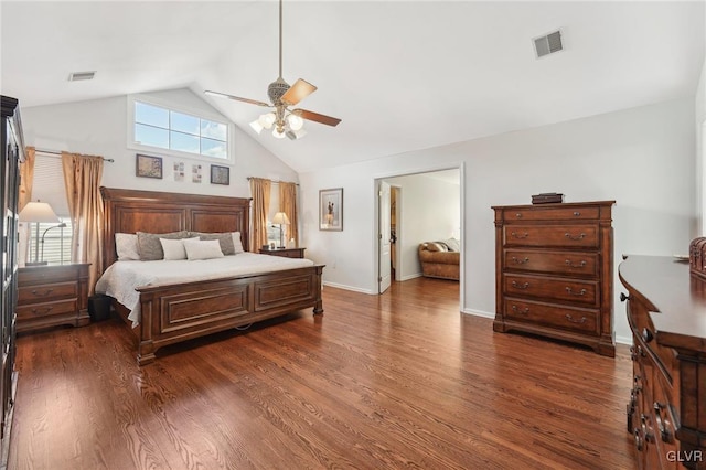 bedroom featuring high vaulted ceiling, dark wood-style floors, visible vents, and ceiling fan