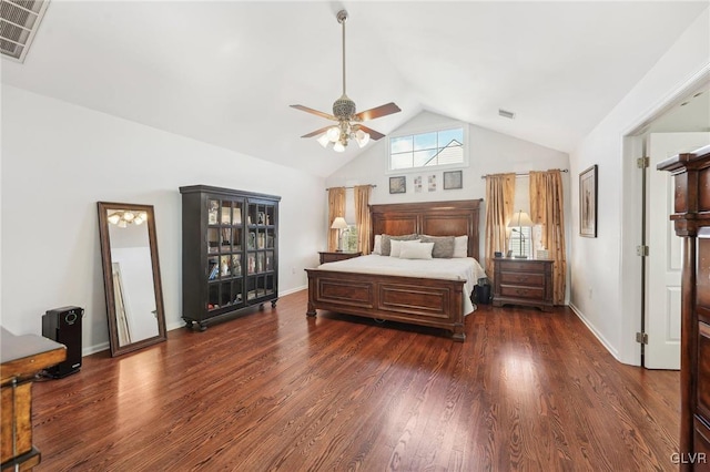 bedroom with ceiling fan, visible vents, lofted ceiling, and dark wood finished floors