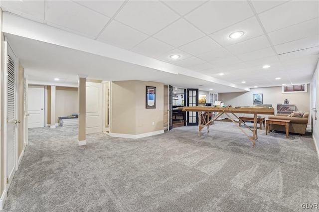 playroom with recessed lighting, light colored carpet, visible vents, and baseboards