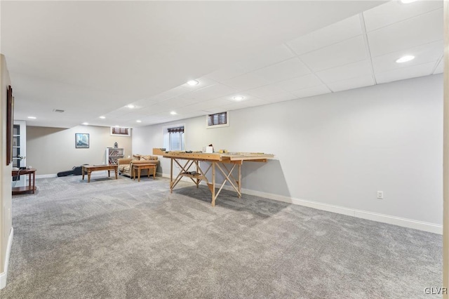 playroom with recessed lighting, a paneled ceiling, baseboards, and carpet