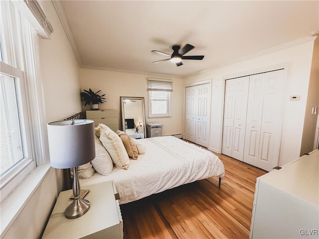 bedroom with two closets, ceiling fan, crown molding, and light wood finished floors