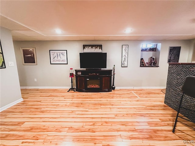 living area featuring baseboards, wood finished floors, and a fireplace