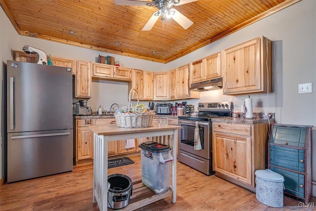 kitchen featuring under cabinet range hood, appliances with stainless steel finishes, light brown cabinets, and wood ceiling