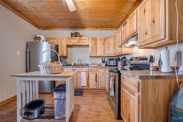 kitchen with a sink, light brown cabinetry, stainless steel appliances, under cabinet range hood, and wooden ceiling