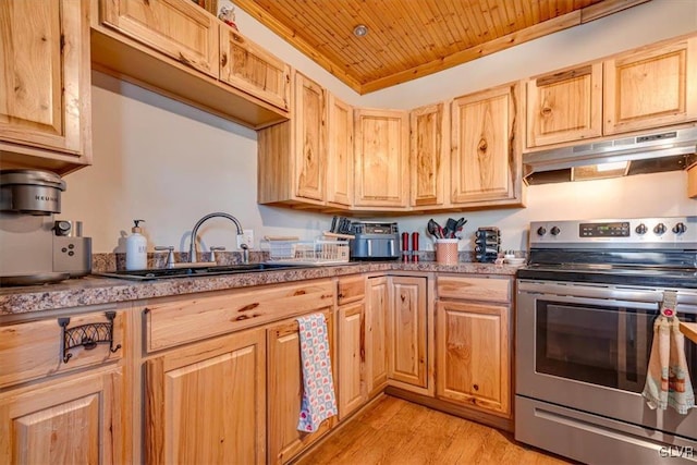 kitchen featuring stainless steel electric stove, light brown cabinetry, wood ceiling, light wood-style floors, and under cabinet range hood