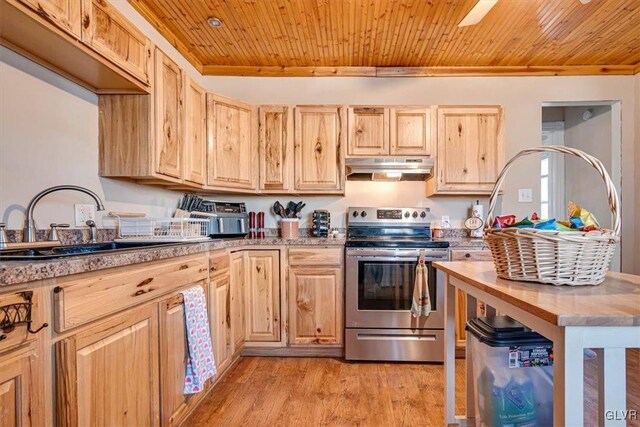 kitchen with electric range, light wood-style flooring, light brown cabinetry, under cabinet range hood, and wooden ceiling