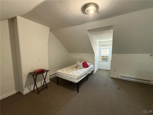 carpeted bedroom featuring a baseboard radiator, lofted ceiling, baseboards, and cooling unit