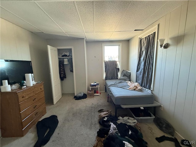 bedroom with a drop ceiling, wood walls, and carpet floors