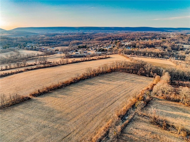 drone / aerial view featuring a rural view and a mountain view