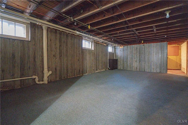 below grade area featuring wood walls