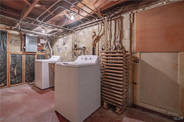 unfinished below grade area featuring electric panel and washer and dryer