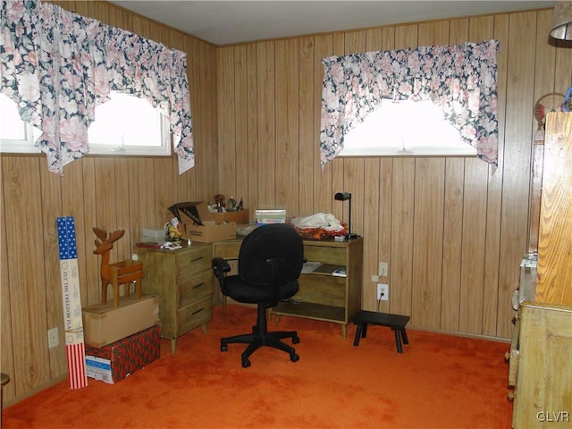 carpeted office featuring wood walls