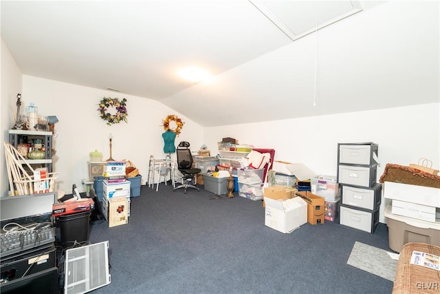 bonus room with attic access, carpet flooring, and vaulted ceiling