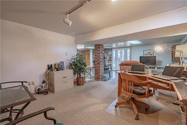 office space featuring carpet flooring, rail lighting, french doors, and ornate columns