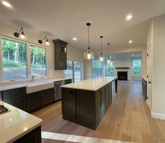 kitchen with dishwasher, light countertops, light wood-style floors, and a sink