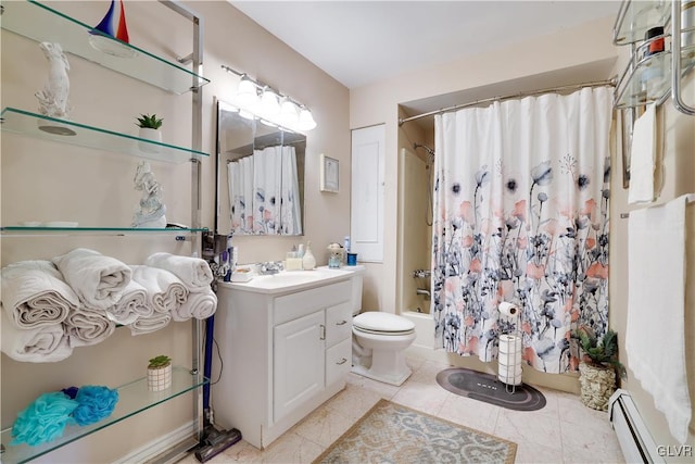 full bathroom featuring toilet, shower / tub combo with curtain, baseboard heating, tile patterned floors, and vanity