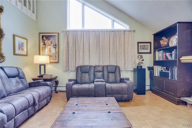 living area with baseboard heating, a textured ceiling, and lofted ceiling