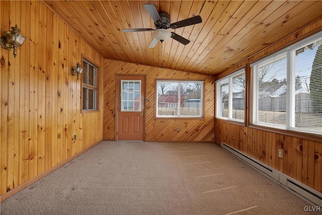 unfurnished sunroom with vaulted ceiling, wood ceiling, ceiling fan, and a baseboard radiator