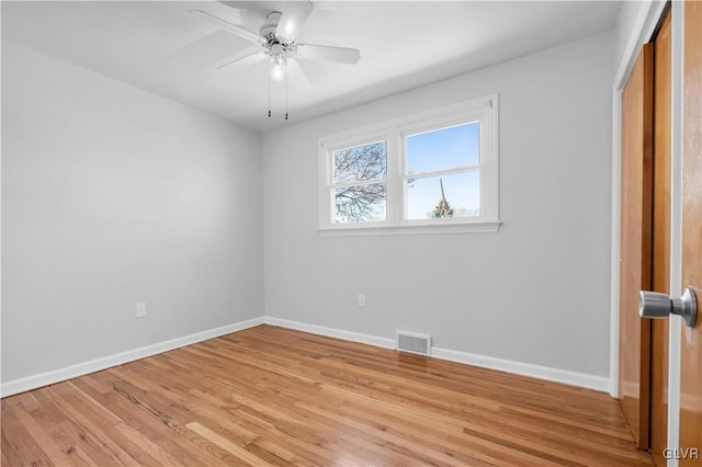 unfurnished bedroom with visible vents, ceiling fan, baseboards, and light wood-style floors