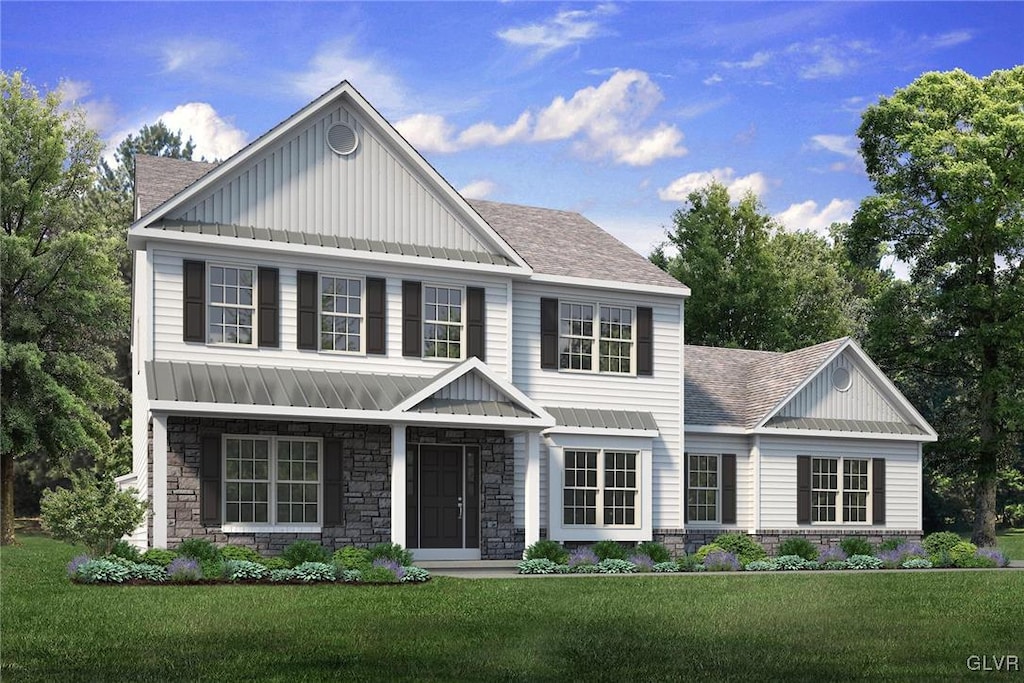25 Charlie Ct Unit 2, Williams Twp, PA 18042 - view of front of property featuring stone siding, roof with shingles, board and batten siding, and a front lawn