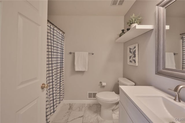 bathroom featuring visible vents, baseboards, toilet, and marble finish floor