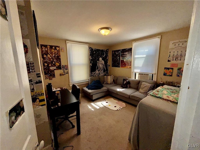 carpeted living area featuring cooling unit