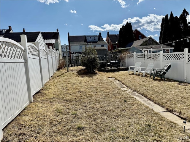 view of yard with a residential view and a fenced backyard