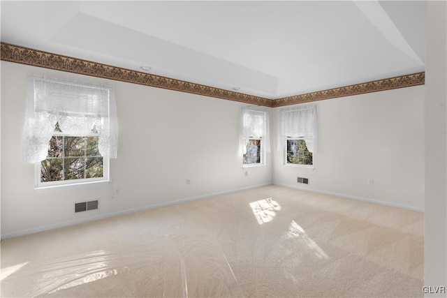 spare room featuring a raised ceiling, carpet flooring, baseboards, and visible vents